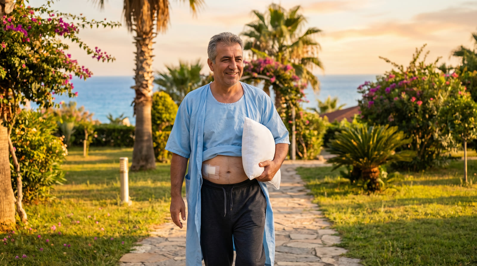 Ameliyat sonrası iyileşen hasta — Antalya sahilinde